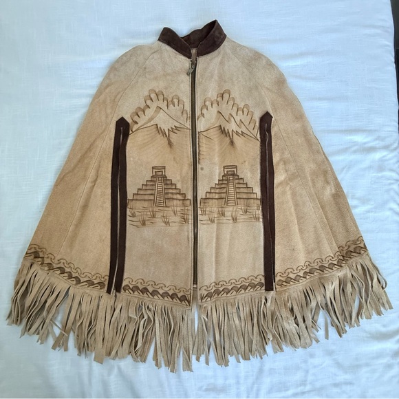 Vintage Jackets & Blazers - Vintage Hand Burned Pyrography Suede Leather Mexican Fringed Poncho